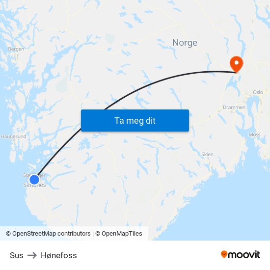 Sus to Hønefoss map