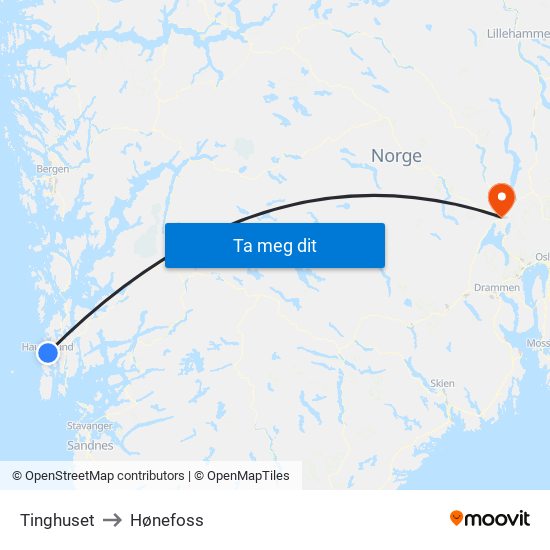Tinghuset to Hønefoss map