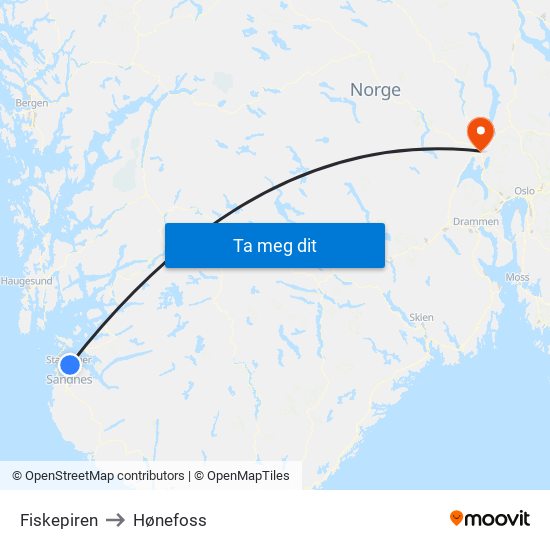 Fiskepiren to Hønefoss map