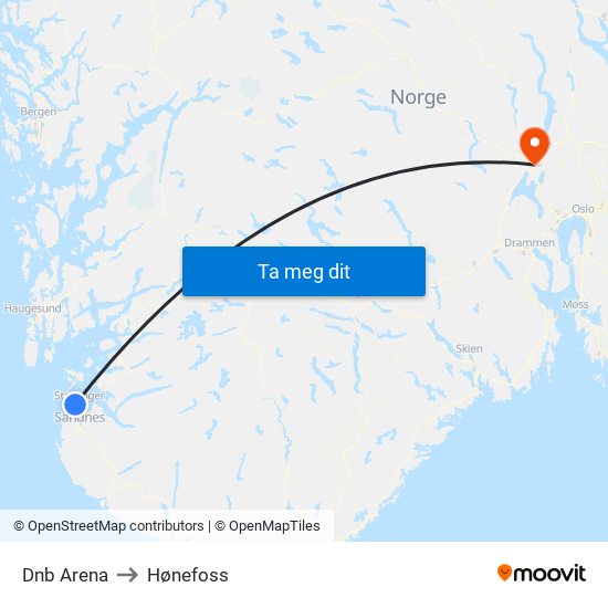 Dnb Arena to Hønefoss map