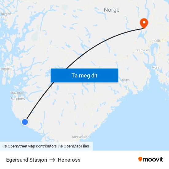 Egersund Stasjon to Hønefoss map