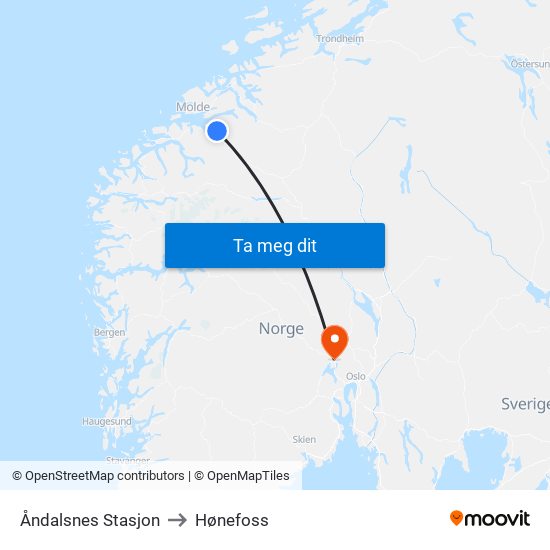 Åndalsnes Stasjon to Hønefoss map