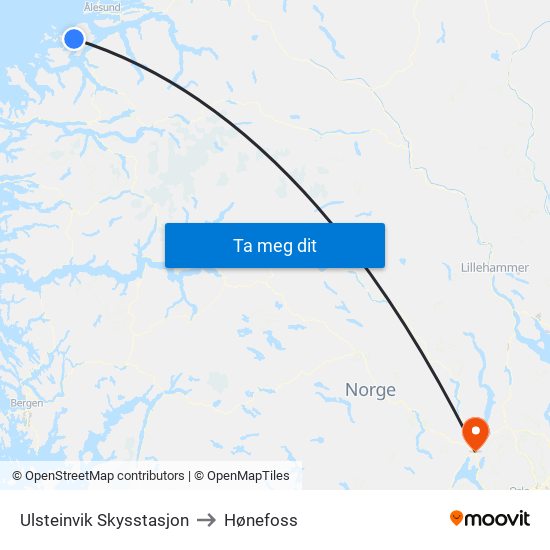 Ulsteinvik Skysstasjon to Hønefoss map