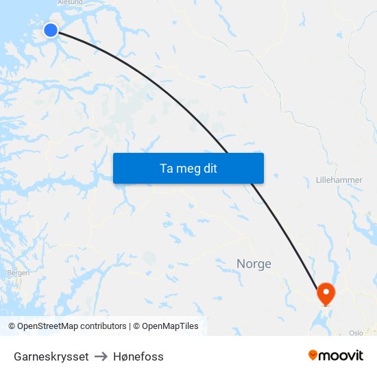 Garneskrysset to Hønefoss map