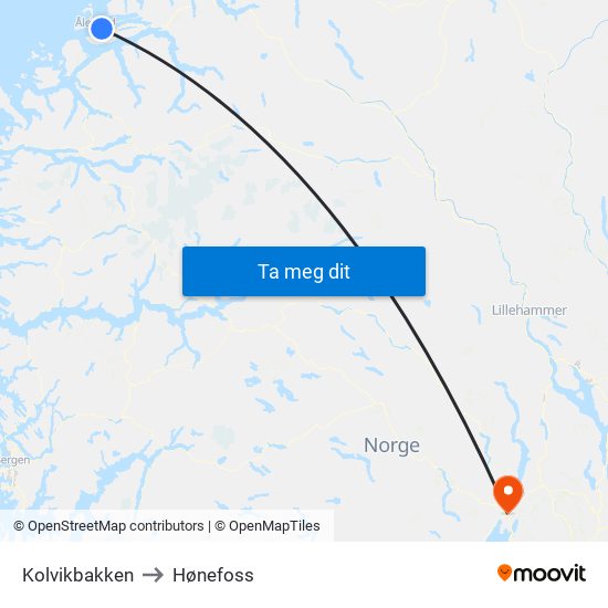 Kolvikbakken to Hønefoss map