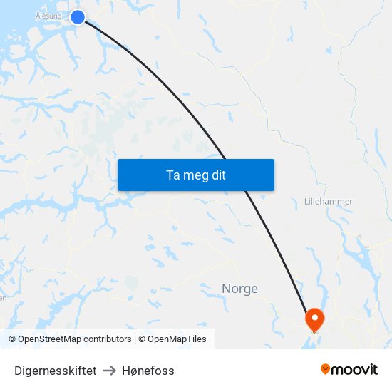 Digernesskiftet to Hønefoss map