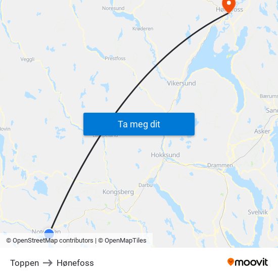 Toppen to Hønefoss map