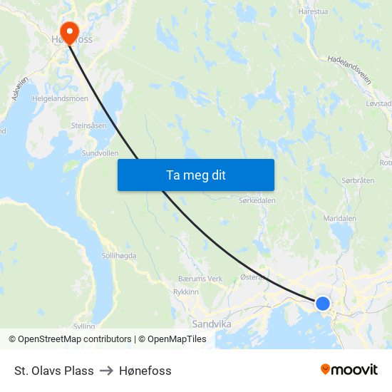 St. Olavs Plass to Hønefoss map