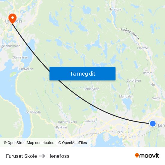 Furuset Skole to Hønefoss map