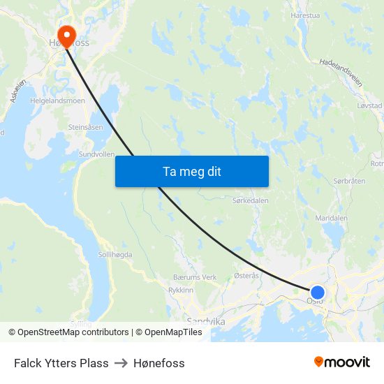 Falck Ytters Plass to Hønefoss map