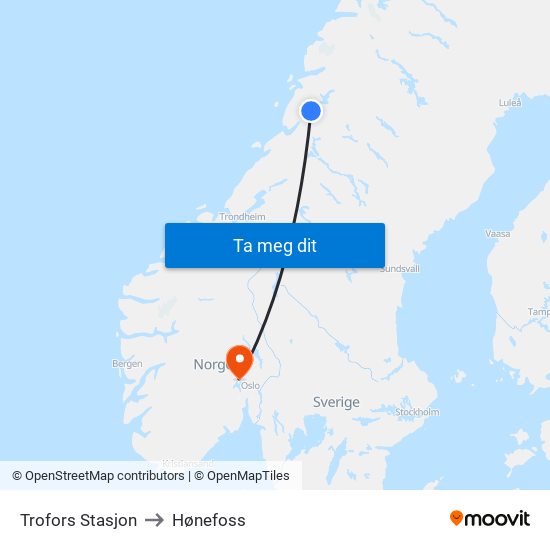 Trofors Stasjon to Hønefoss map