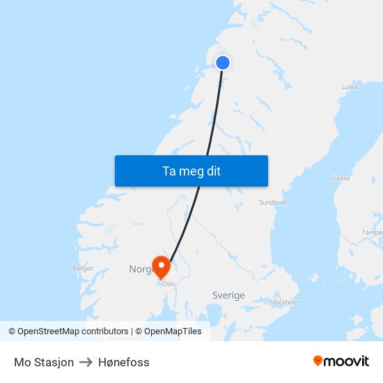 Mo Stasjon to Hønefoss map