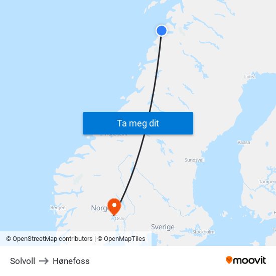 Solvoll to Hønefoss map