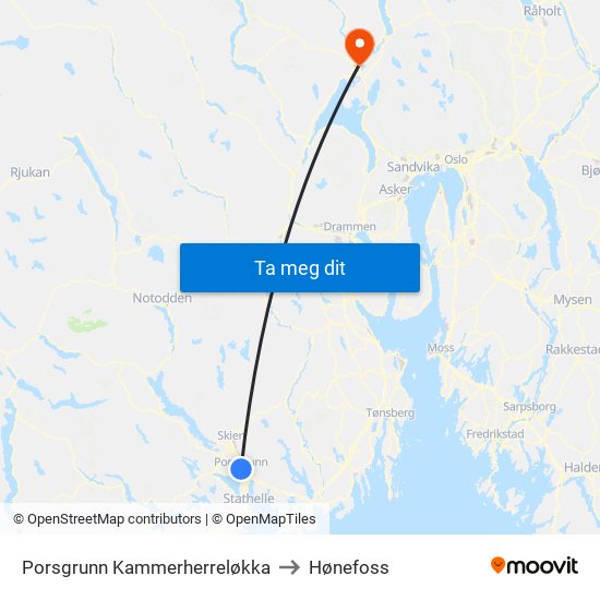 Porsgrunn Kammerherreløkka to Hønefoss map