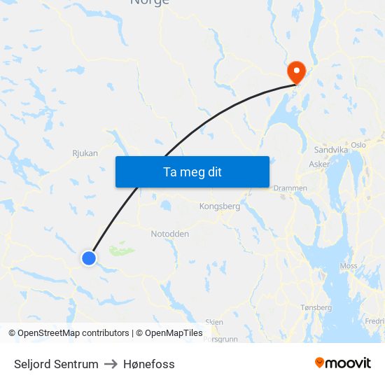 Seljord Sentrum to Hønefoss map