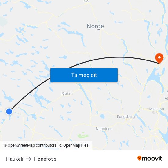 Haukeli to Hønefoss map