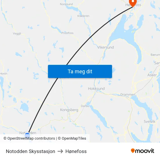 Notodden Skysstasjon to Hønefoss map