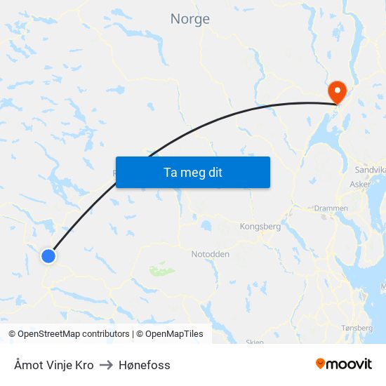 Åmot Vinje Kro to Hønefoss map