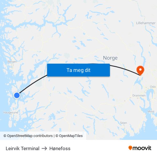 Leirvik Terminal to Hønefoss map