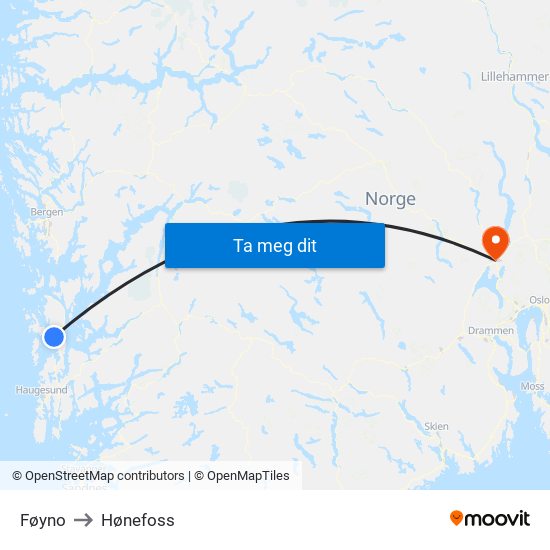 Føyno to Hønefoss map