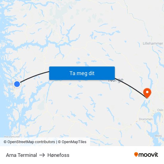 Arna Terminal to Hønefoss map