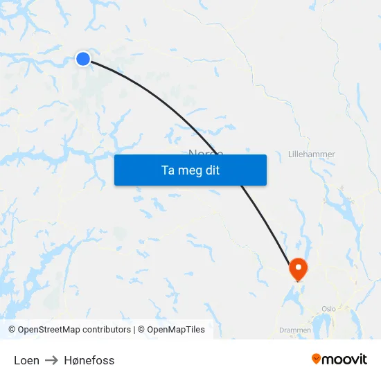 Loen to Hønefoss map