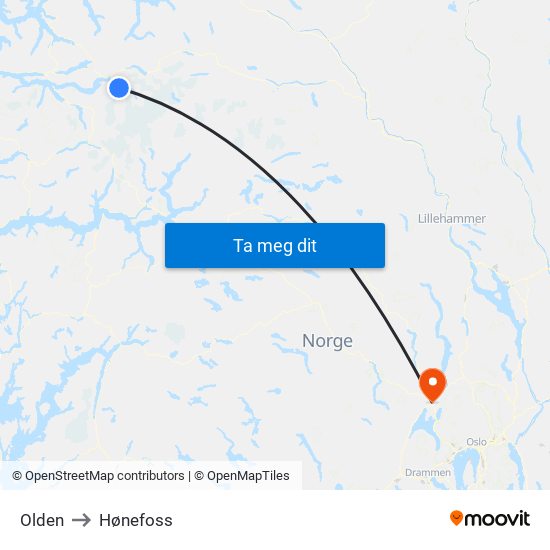 Olden to Hønefoss map