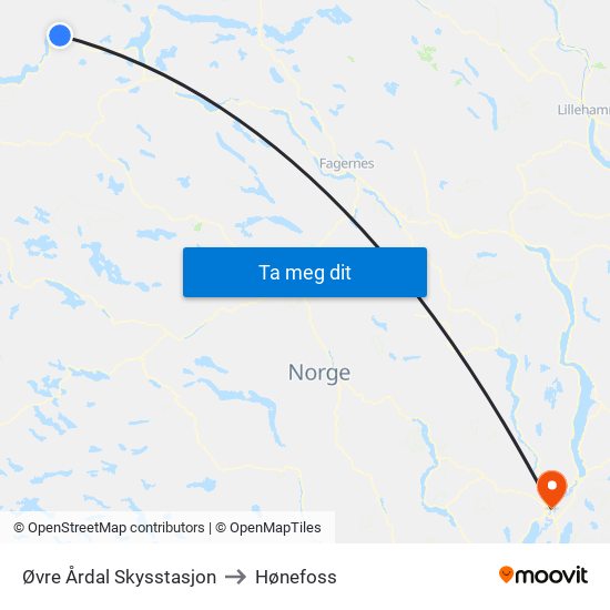 Øvre Årdal Skysstasjon to Hønefoss map