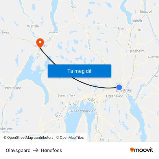 Olavsgaard to Hønefoss map