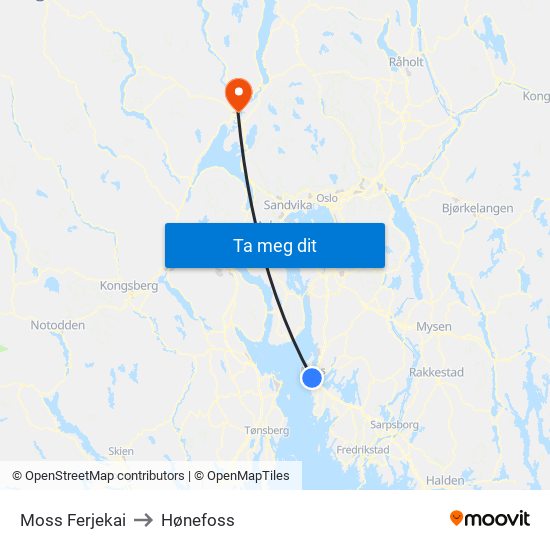 Moss Ferjekai to Hønefoss map