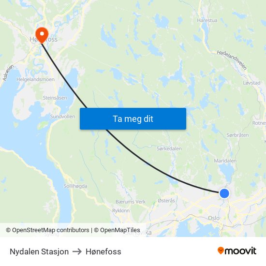 Nydalen Stasjon to Hønefoss map
