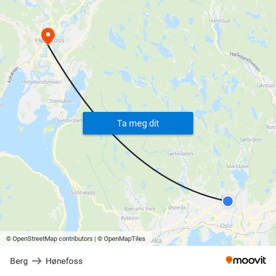 Berg to Hønefoss map