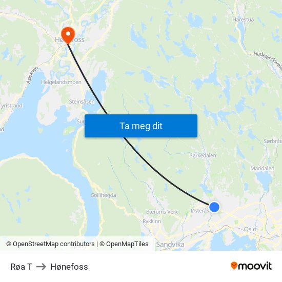 Røa T to Hønefoss map