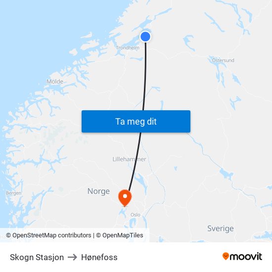 Skogn Stasjon to Hønefoss map