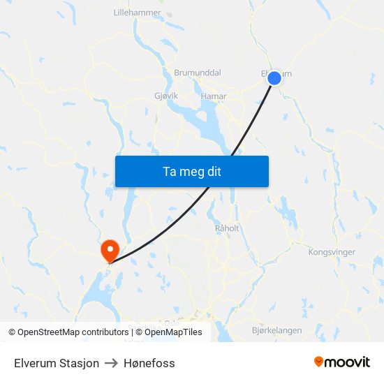 Elverum Stasjon to Hønefoss map