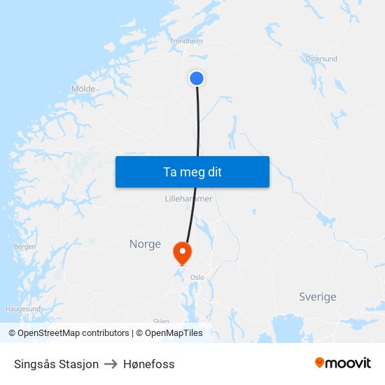 Singsås Stasjon to Hønefoss map