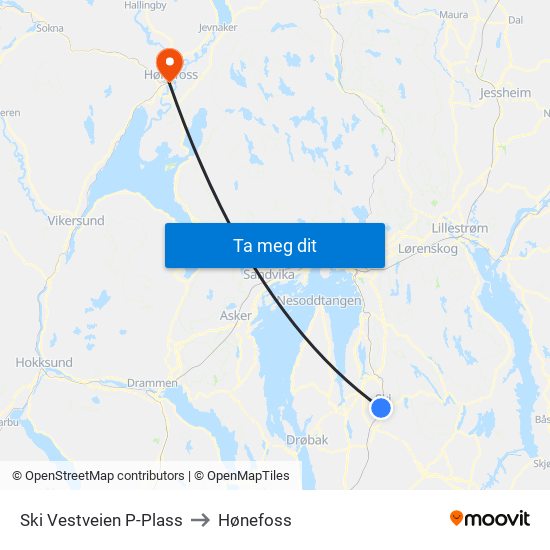 Ski Vestveien P-Plass to Hønefoss map