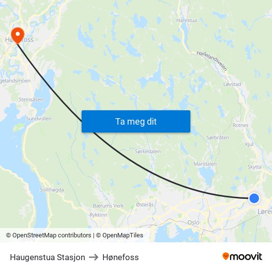Haugenstua Stasjon to Hønefoss map