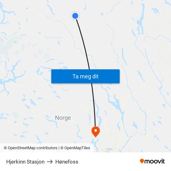 Hjerkinn Stasjon to Hønefoss map
