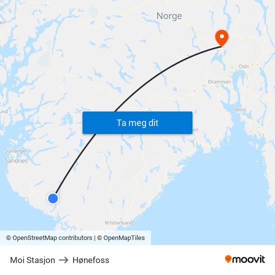 Moi Stasjon to Hønefoss map