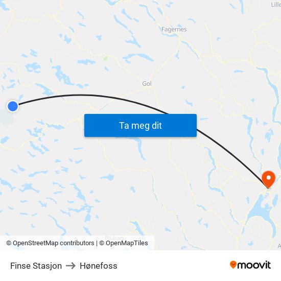 Finse Stasjon to Hønefoss map