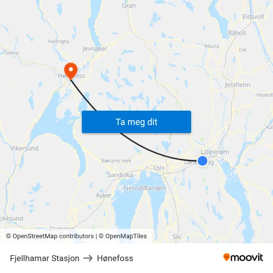 Fjellhamar Stasjon to Hønefoss map