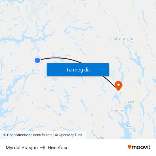 Myrdal Stasjon to Hønefoss map