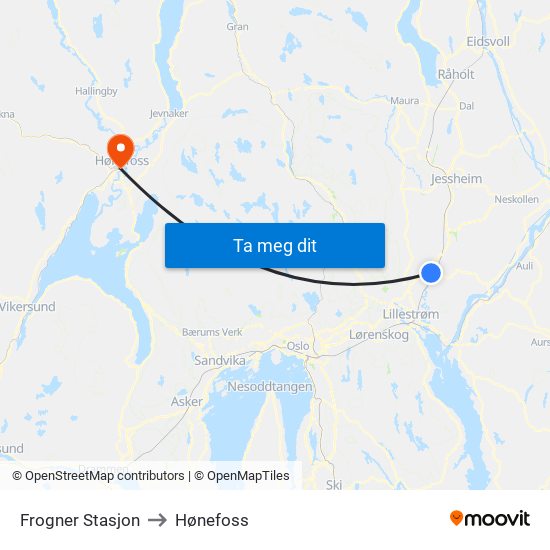 Frogner Stasjon to Hønefoss map