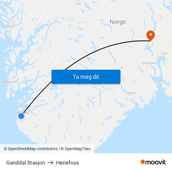 Ganddal Stasjon to Hønefoss map