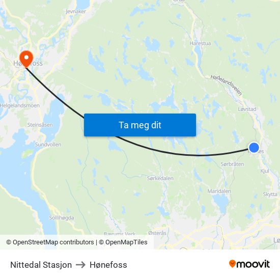 Nittedal Stasjon to Hønefoss map