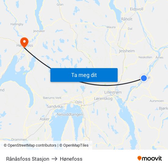 Rånåsfoss Stasjon to Hønefoss map