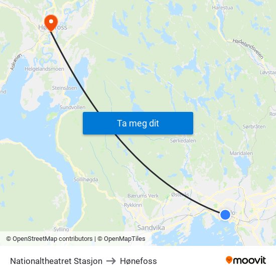 Nationaltheatret Stasjon to Hønefoss map