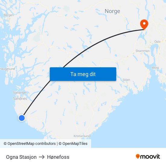 Ogna Stasjon to Hønefoss map