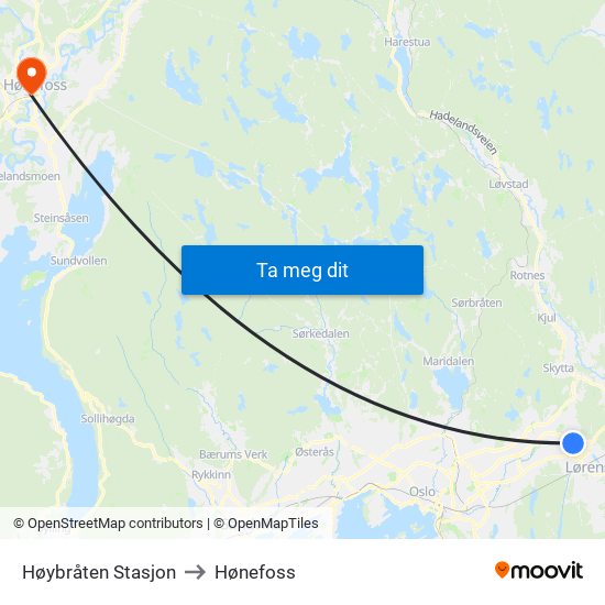 Høybråten Stasjon to Hønefoss map